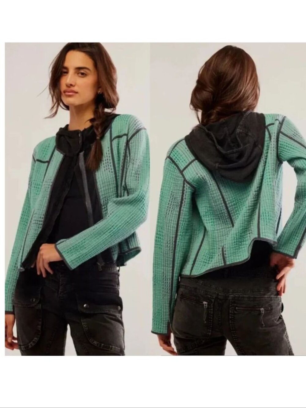 Free People FP ONE Tavi Quilted Hooded JACKET Size L Zip Up Green Blue Black NEW